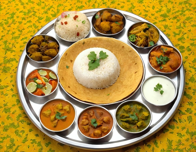 A thali plate filled with an assortment of dishes each more delicious than the last