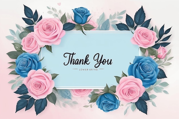 Thank You Card with Flower Pink and Blue Rose Frame Background