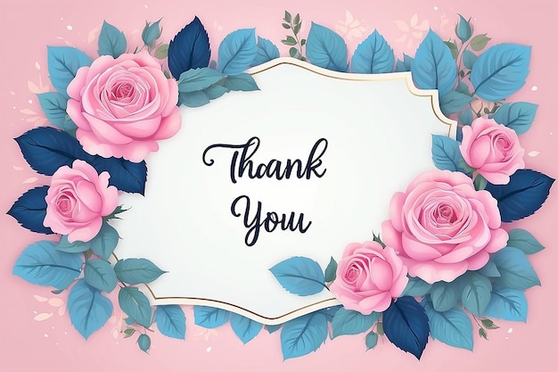 Thank You Card with Flower Pink and Blue Rose Frame Background