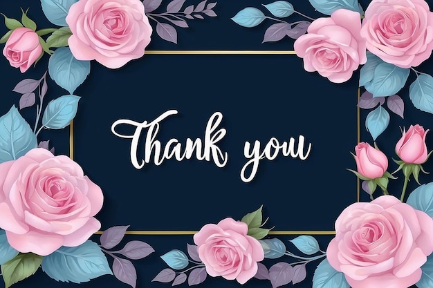 Thank You Card with Flower Pink and Blue Rose Frame Background