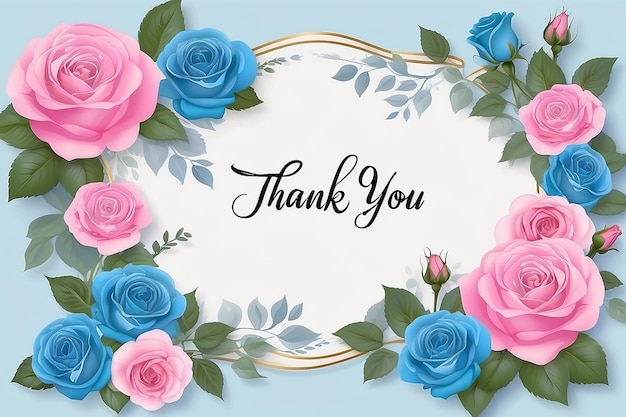 Thank You Card with Flower Pink and Blue Rose Frame Background