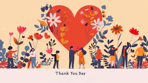 Thank You Day Large Heart with People and Flowers