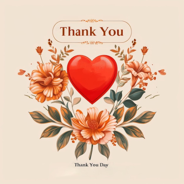 Thank You Day Red Heart with Floral Design