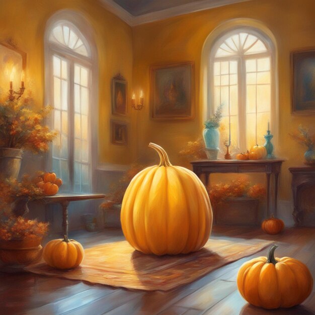 Thanks Giving Day Standing Yellow Pumpkin In The Living Room Wallpaper