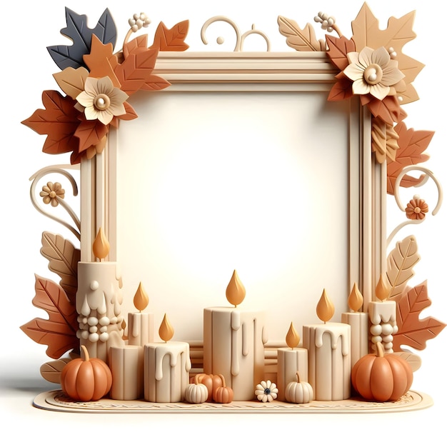 Thanksgiving 3D Flat Icon Border Frame with Fall Leaves and Candles Warm and Inviting Atmosphere w