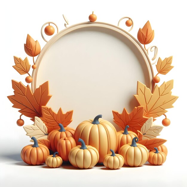 Thanksgiving 3D Flat Icon Border Frame with Maple Leaves Pumpkins on White Background Decorative