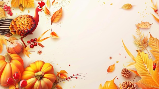 Thanksgiving Autumn Background with Pumpkins and Turkey