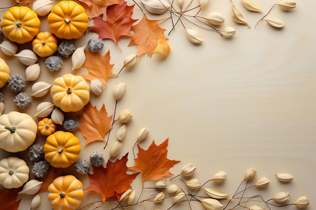 Thanksgiving and autumn decoration concept mode from autumn leaves and pumpkin on dark background