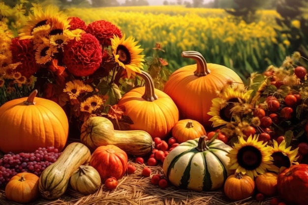 Thanksgiving or autumn scene with pumpkins autumn leaves and berries in garden generative ai