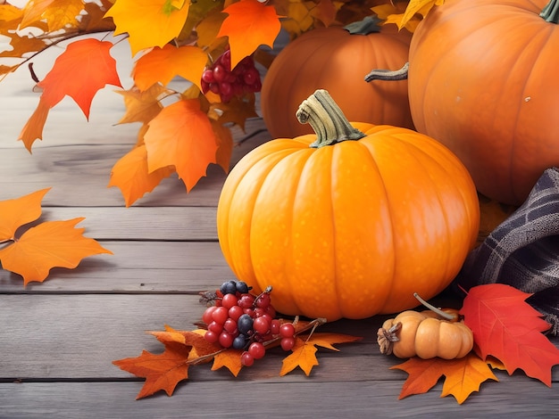 Thanksgiving or autumn scene with pumpkins autumn leaves and berries on a wooden table