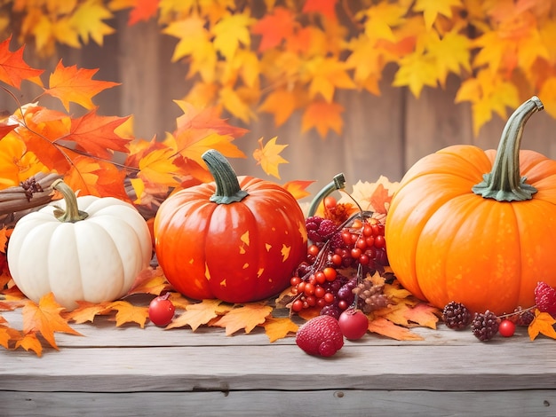 Thanksgiving or autumn scene with pumpkins autumn leaves and berries on a wooden table