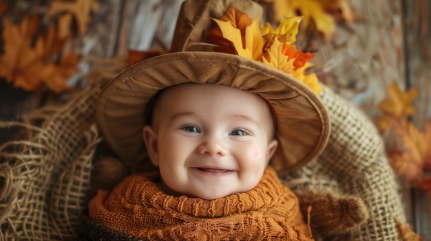 Photo thanksgiving baby smiling newborn boy in pilgrim hat costume