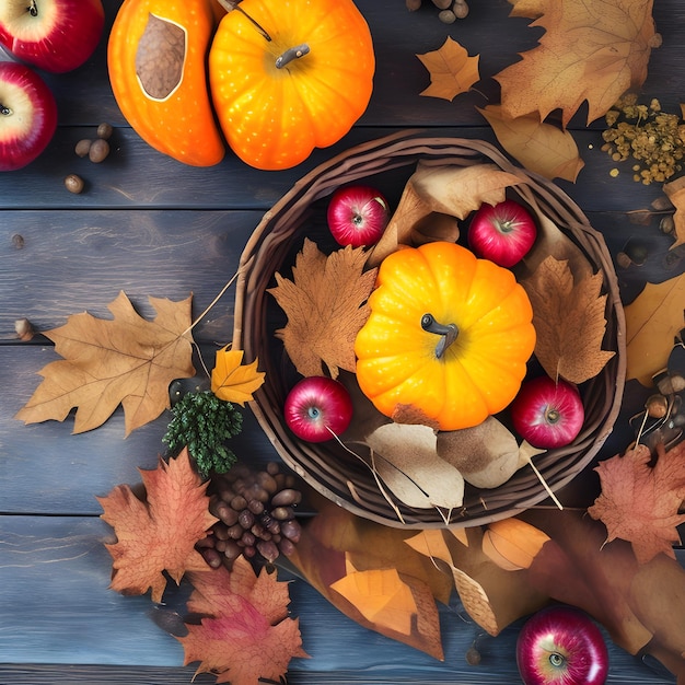 Thanksgiving background Apples pumpkins and fallen leaves