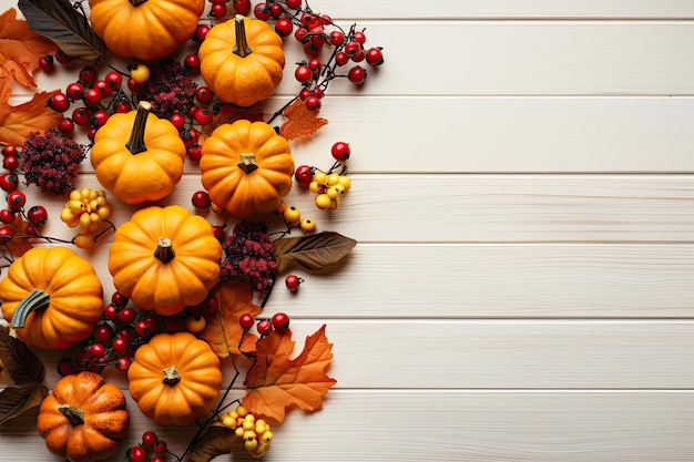 Thanksgiving background decoration with dry leaves and pumpkins