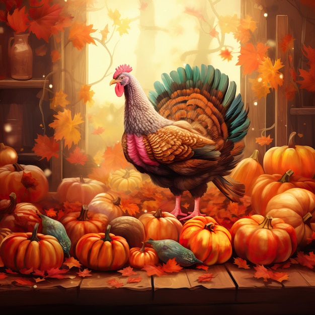 Photo thanksgiving background with pumpkin and turkey high quality ai generated image