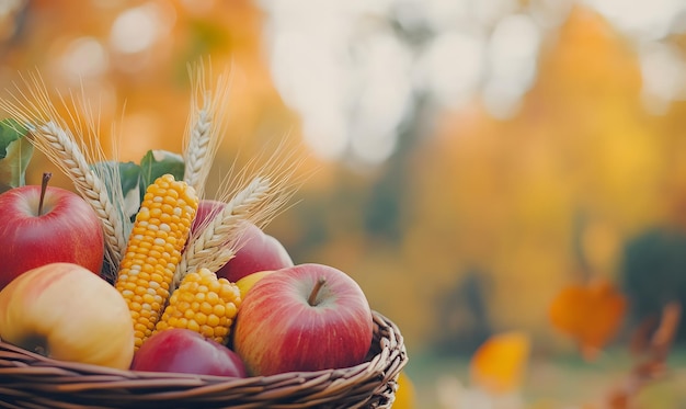 Photo thanksgiving basket with pumpkins apples ears of wheat and corn on a natural background