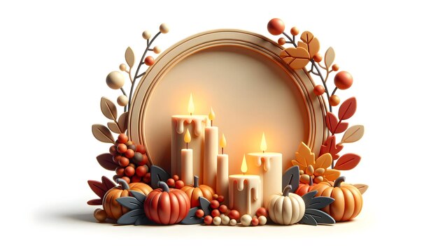 Thanksgiving Border Frame with Candles and Gourds 3D Flat Icon Design on White Background for Fest