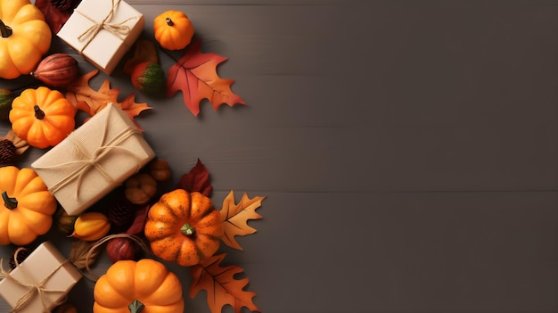 A thanksgiving card with pumpkins and a bunch of pumpkins on a wooden table.