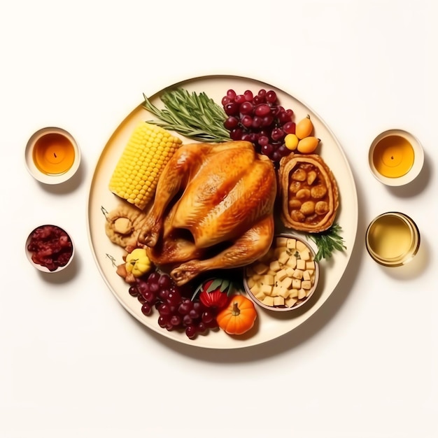 Thanksgiving day or autumn composition with pumpkin oranges leaves or chicken Thanksgiving food