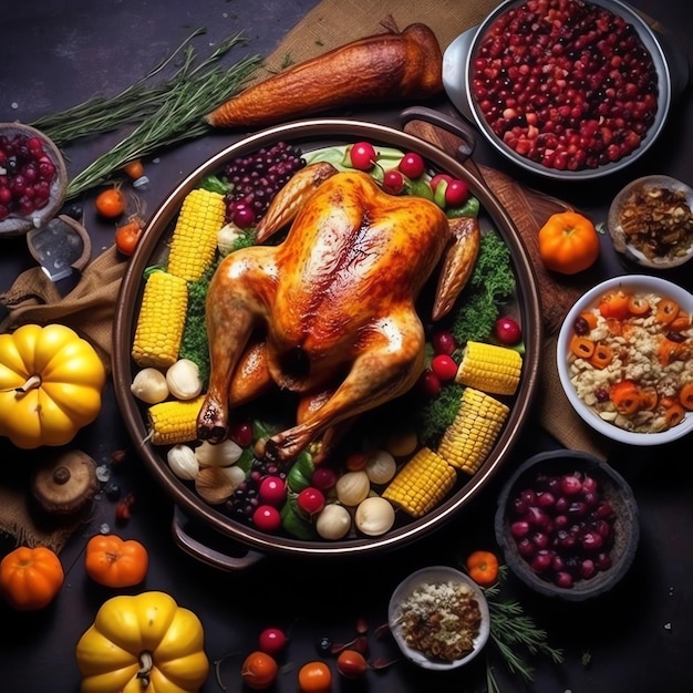 Thanksgiving day or autumn composition with pumpkin oranges leaves or chicken Thanksgiving food