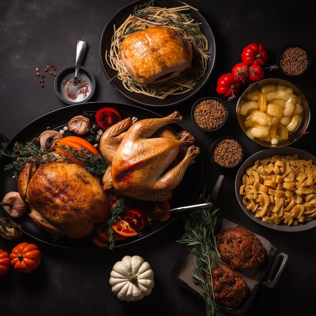 Thanksgiving day or autumn composition with pumpkin oranges leaves or chicken Thanksgiving food