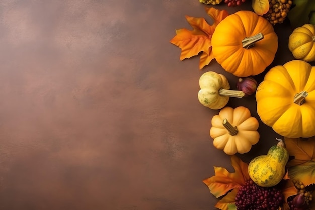 Thanksgiving day or autumn composition with pumpkin oranges leaves or chicken Thanksgiving food