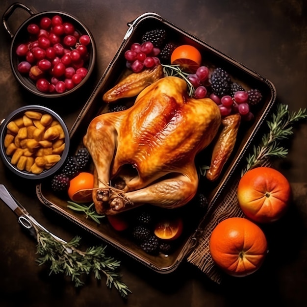 Thanksgiving day or autumn composition with pumpkin oranges leaves or chicken Thanksgiving food