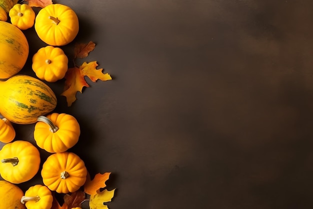 Thanksgiving day or autumn composition with pumpkin oranges leaves or chicken Thanksgiving food