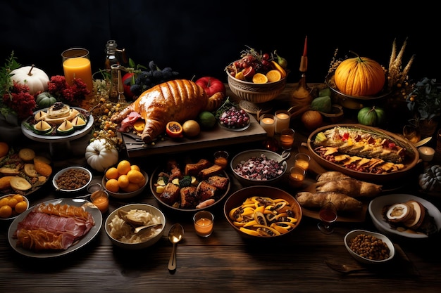 Thanksgiving day or autumn composition with pumpkin oranges leaves or chicken Thanksgiving food