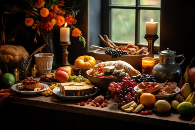 Thanksgiving day or autumn composition with pumpkin oranges leaves or chicken Thanksgiving food