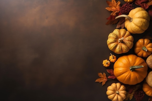 Thanksgiving day or autumn composition with pumpkin oranges leaves or chicken Thanksgiving food