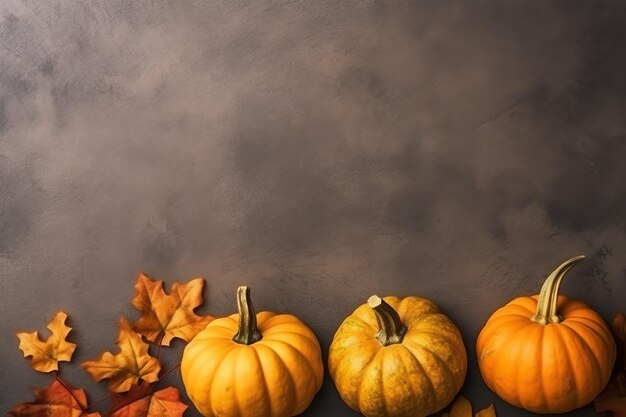 Thanksgiving day or autumn composition with pumpkin oranges leaves or chicken Thanksgiving food