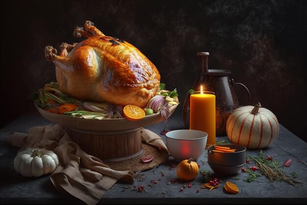 Thanksgiving day meal with pie pumpkin oranges or roasted chicken in oven form Thanksgiving food