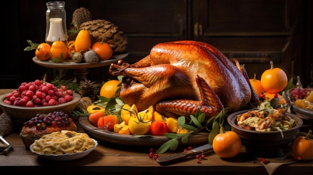 Thanksgiving Day table with roasted turkey wine cranberries and other Thanksgiving day foods prepared for celebration front view Traditional holiday food for festive Christmas family dinner