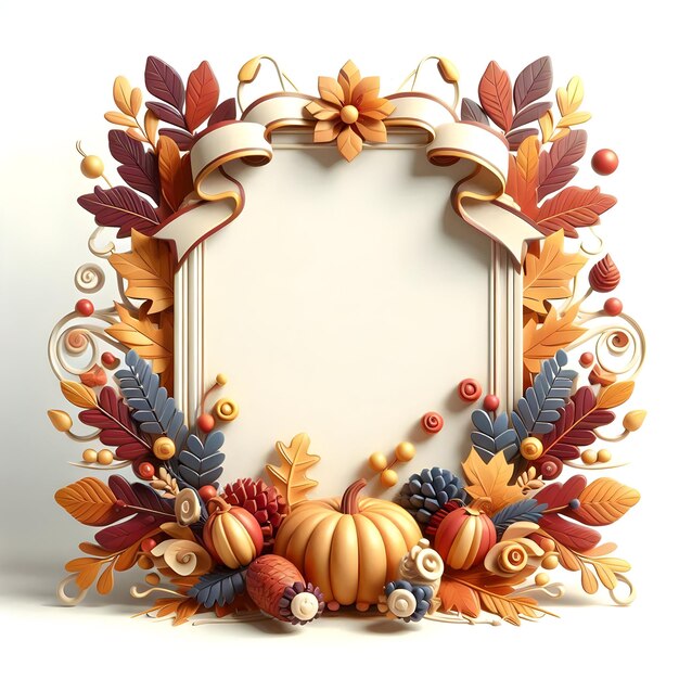 Thanksgiving Decor 3D Flat Ornate Border Frame with Fall Foliage Ribbons for festive Touch and Co