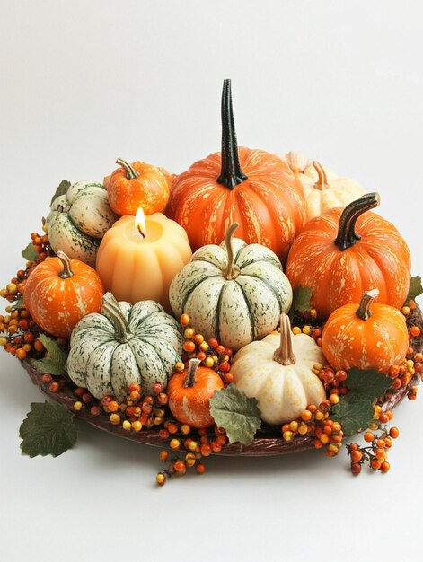 Photo thanksgiving decor with mini pumpkins gourds and candles