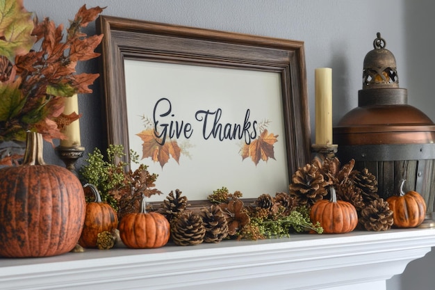 Thanksgiving Decor with Pumpkins Pine Cones and a Give Thanks Sign