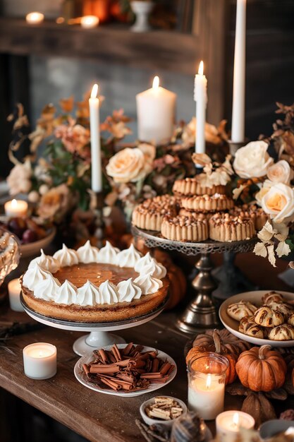 Photo a thanksgiving dessert table featuring a pumpkin cheesecake with a gingerbread crust surrounded by other seasonal treats candles and autumnal decorations