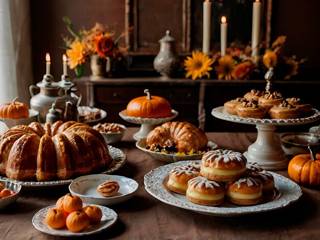 Photo a thanksgiving dessert table with international pastries