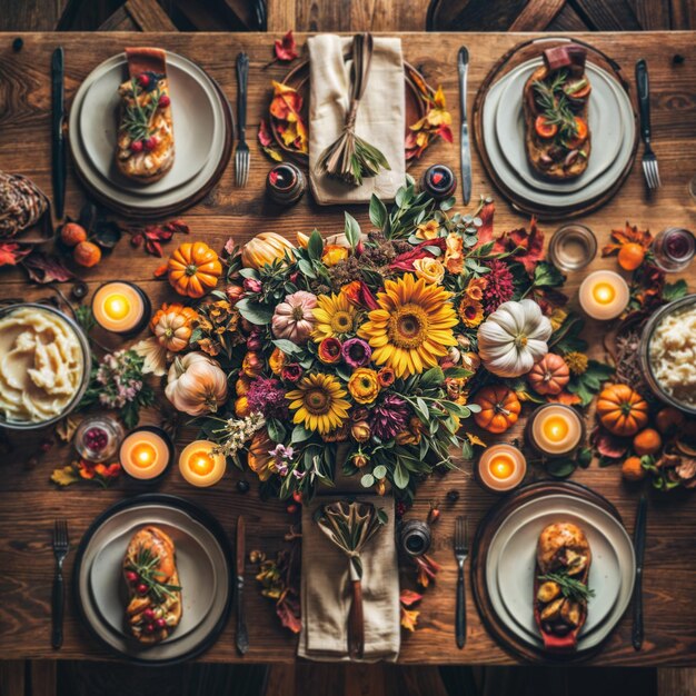 Photo thanksgiving dinner table rustic and very decorated with dishes and food