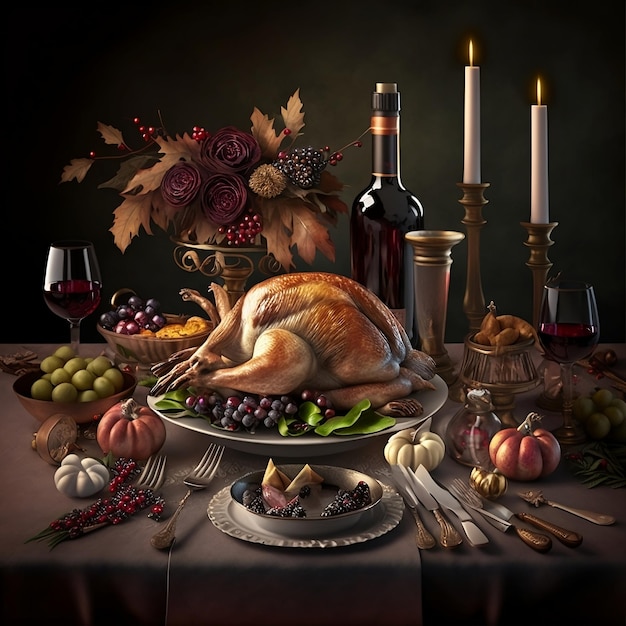 A thanksgiving dinner table with a bottle of wine and a bottle of wine.