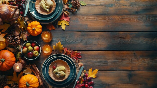 Photo thanksgiving dinner table with copy space overhead view