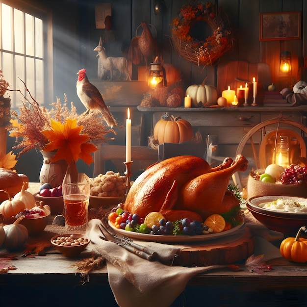 Thanksgiving dinner table with roasted turkey Vintage toned