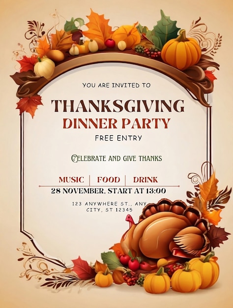 Photo thanksgiving dinner template with pumpkin turkey fruit and floral elements holiday invitation design