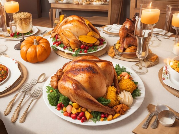 Thanksgiving dinner with decoration on dining table