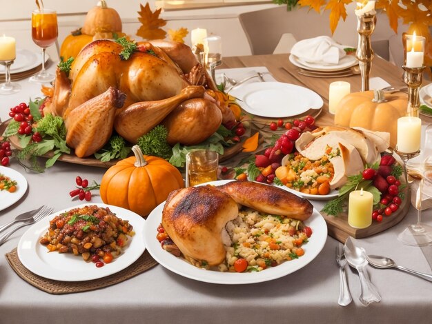 Thanksgiving dinner with decoration on dining table