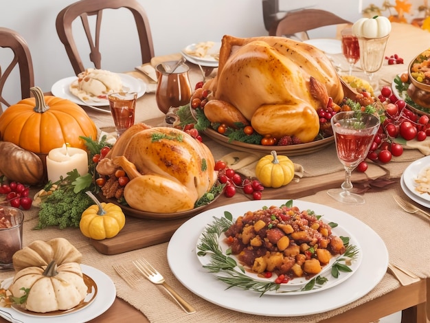 Thanksgiving dinner with decoration on dining table