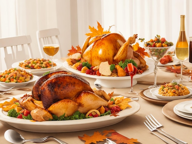 Thanksgiving dinner with decoration on dining table