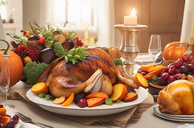 Thanksgiving dinner with delicious meal Roast turkey vegetables fruits homemade gourmet