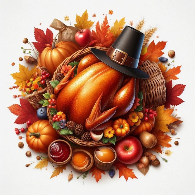 Photo thanksgiving family dinner illustrationthanksgiving day turkey bird and pumpkins autumn leaves ai